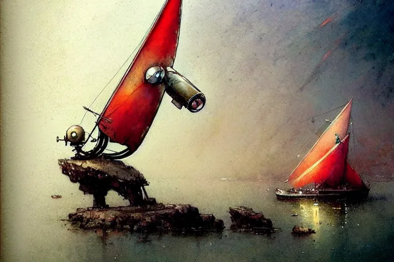 Image similar to adventurer ( ( ( ( ( 1 9 5 0 s retro future robot mouse sailboat house robot. muted colors. ) ) ) ) ) by jean baptiste monge!!!!!!!!!!!!!!!!!!!!!!!!! chrome red