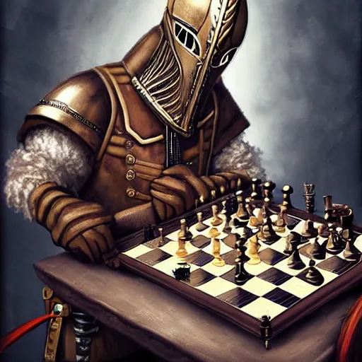 Prompt: knight with mowhawk playing chess, steampunk, high detail, digital art, smooth, featured on artstation