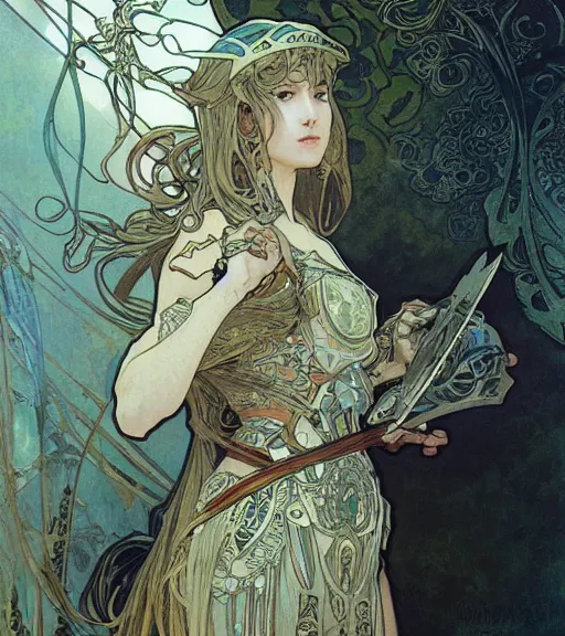 Image similar to alphonse mucha painting of anime woman in armor, pen and ink, intricate line drawings, by craig mullins, ruan jia, kentaro miura, greg rutkowski, loundraw