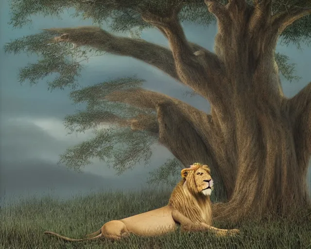 Image similar to a majestic lion under a tree in the morning by Aaron Blaise and Robert Bateman