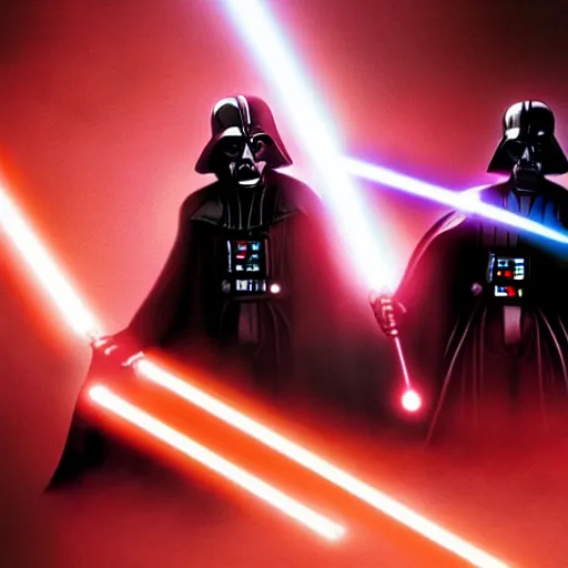 Prompt: darth vader lightsaber duel against anakin skywalker, dramatic lighting, epic scene