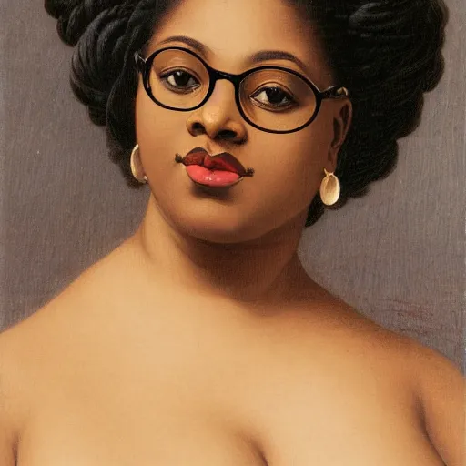 Prompt: body and face portrait of ebony darkskinned vanessa blue as a librarian clothed in beautiful a décolletage neckline and wearing rimmed glasses and kinked hairbun by william-adoplhe bouguereau and Henryk Siemiradzki, trending on bbwchan, high detail 8k
