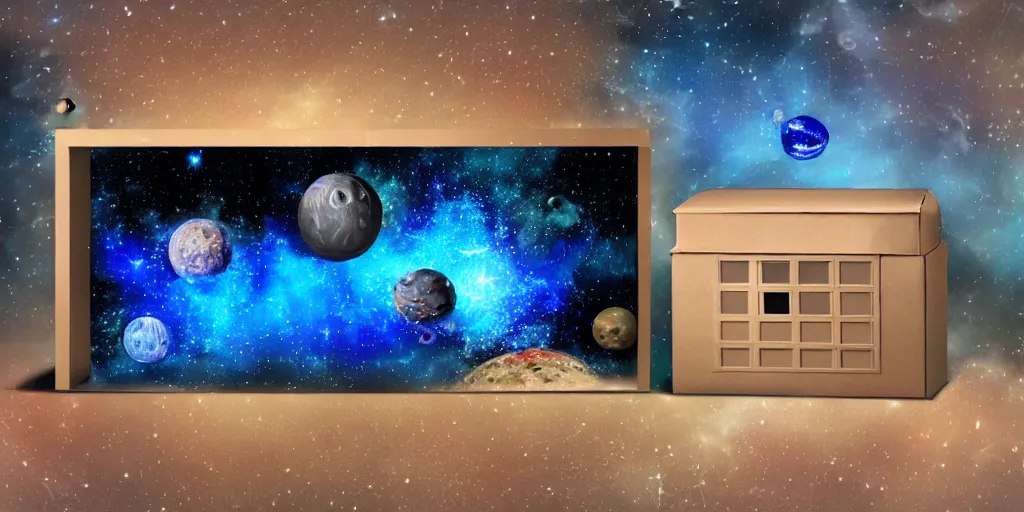 Image similar to box is bigger on the inside. background outer space. detailed. photorealistic