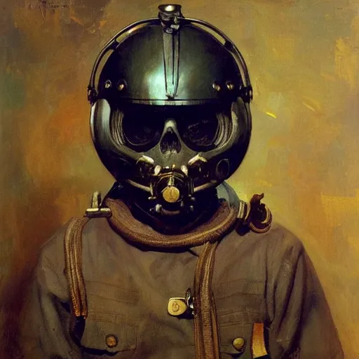 Image similar to portrait of deep sea diver helmet, detailed skull face, detailed painting, epic lighting, by ilya repin, phil hale and kent williams