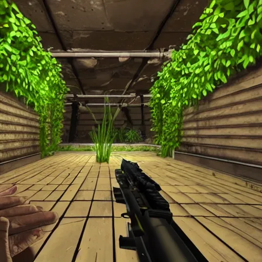 Image similar to screenshot of a first person shooter game, in an underground garden, shootout