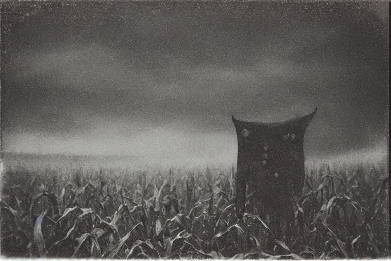 Image similar to dark old polaroid of an weird monster in an corn field, rain, pictorialism, desolate