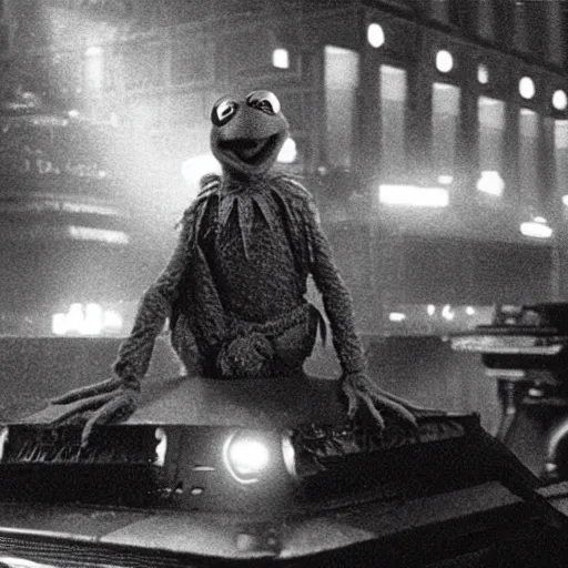 Image similar to kermit the frog as Deckard in Blade Runner (1982)