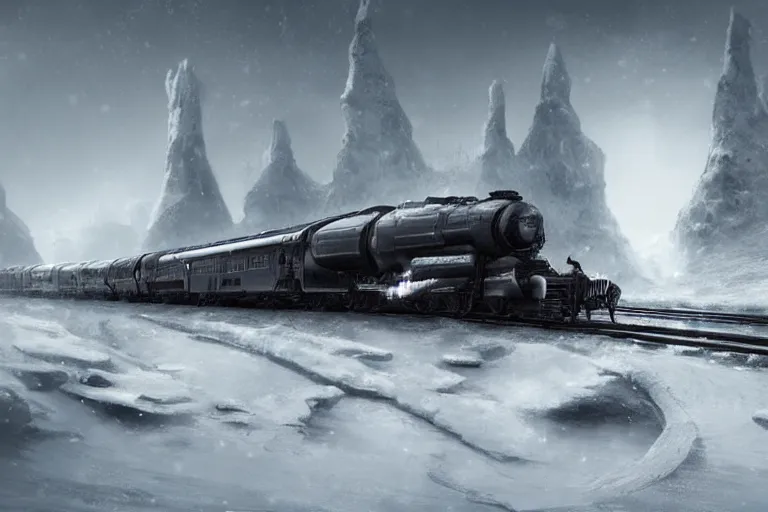 Image similar to a grand intricate futuristic black steam train next to a giant mammoth, post - apocalyptic ice landscape in snowstorm, concept art, artstation, highly detailed, digital art