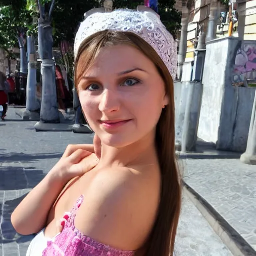 Prompt: photo of a beautiful ukrainian woman from odessa near the tram square