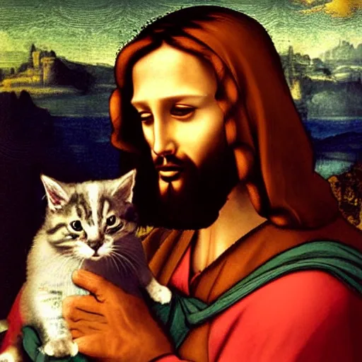 Image similar to portrait of jesus holding a cute cat, digital art, by leonardo da vinci