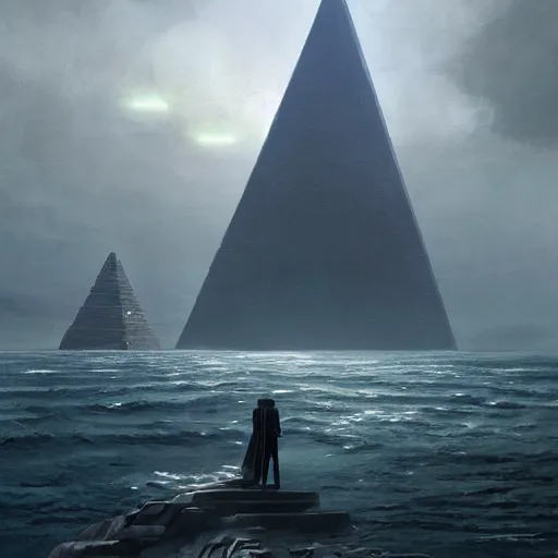 Image similar to star wars concept art by greg rutkowski, a palatial and imposing tall god humanoid back view of pyramid tech tower emerging from the sea in the middle of a ocean landscape, enigmatic atmosphere, beautiful and cinematic lighting, artstation hq.