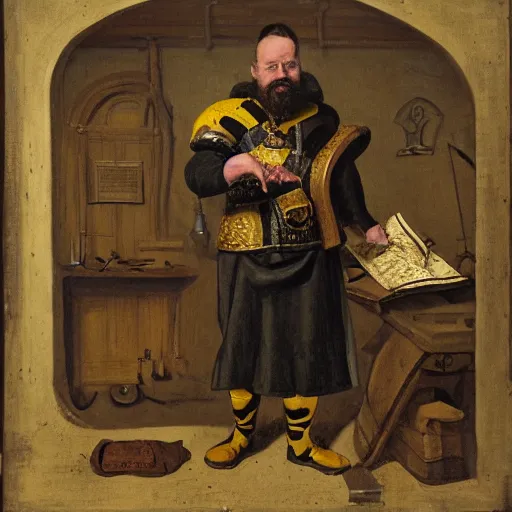 Image similar to Portrait of frustrated and acerbic male medieval sergeant with a short beard wearing a {black and yellow tabard} over a steel breastplate and a black gambeson with his hands planted on a table with a war theater map, by Greg Rutkowski, {perfect face}, {perfect eyes}, {hands planted on war table while standing}, fantasy