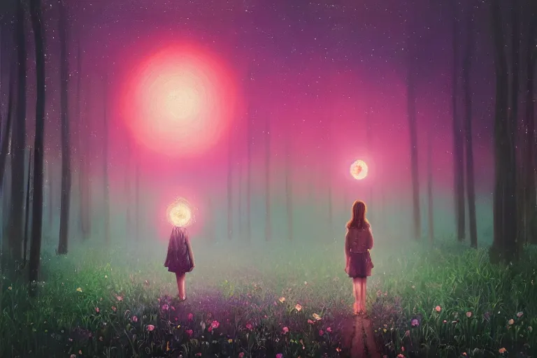 Image similar to giant daisy flower head, girl walking in a moonlit forest, hills, surreal photography, dark night, star trails, dramatic light, impressionist painting, clouds, digital painting, artstation, simon stalenhag