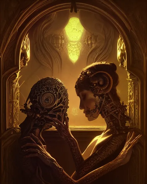 Prompt: fractal lovers by giger, golden ratio, deep focus, d & d, dark fantasy, intricate glow accents, elegant, highly detailed, digital painting, artstation, concept art, matte, sharp focus, octane render, hearthstone, art by artgerm and greg rutkowski and alphonse mucha