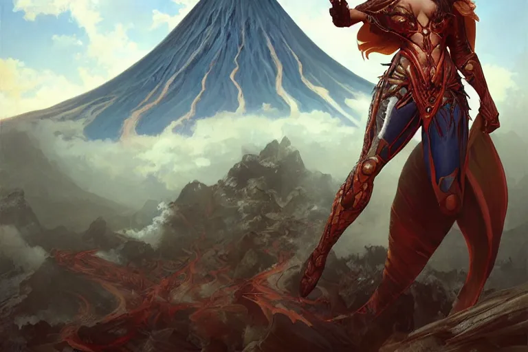 Prompt: An epic fantasy portrait painting of a spider-legged warrior woman with hair spikes, volcano eruption backdrop, illustration, detailed, award-winning, trending on artstation, by artgerm and Greg Rutkowski and Alphonse Mucha
