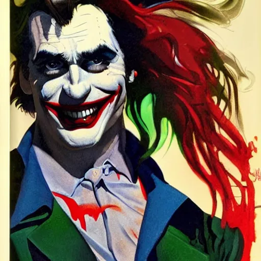 Prompt: photorealistic picture, comic cover by bob peak and alex ross about joaquin phoenix joker, gouache and wash paints, fine details, fine intricate, fine facial proportionate, fine body proportionate, smooth sharp focus, sharp focus