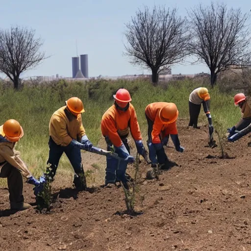 Prompt: a group of workers planting trees in a barren landscape alongside a sci fi nuclear containment building with a utopian city in the distance