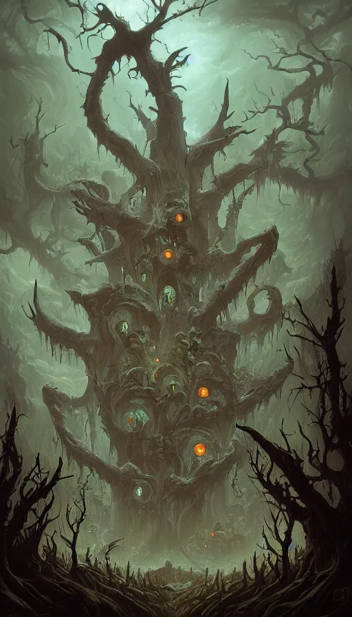 Image similar to a storm vortex made of many demonic eyes and teeth over a forest, by peter mohrbacher