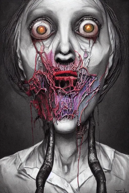 Image similar to surrealism crayon cartoon grunge portrait of a creepy horror nurse girl . intricate artwork. nightmare fuel. terrifying. by zdzisław Beksiński, wlop, dan mumford , trending on artstation, greg rutkowski very coherent symmetrical artwork. cinematic, hyper realism, high detail, octane render, 8k