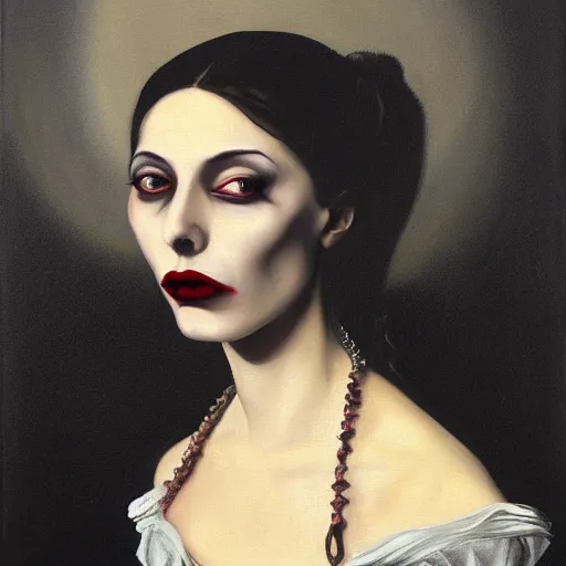 Prompt: A beautiful painting of a lady vampire, victorian, dracula, ominous, oil on canvas, photorealism, caravaggio, irwin penn, high definition, soft light