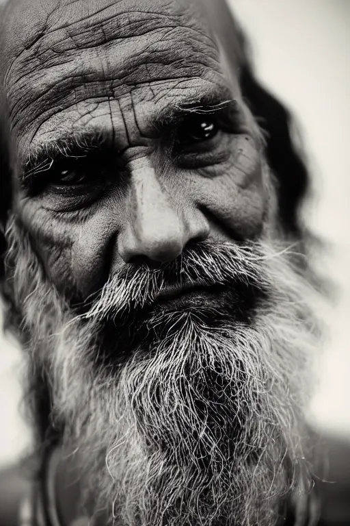 Prompt: a close up face photography of an old Indian sadhu with a beard by maarten schröder and tom bagshaw, studio photography, catchlight in the eyes, melancholic, 70mm lens, dark background, ring lighting, vignette, very detailed, shallow depth of field, trending on 500px, 8K, highly coherent