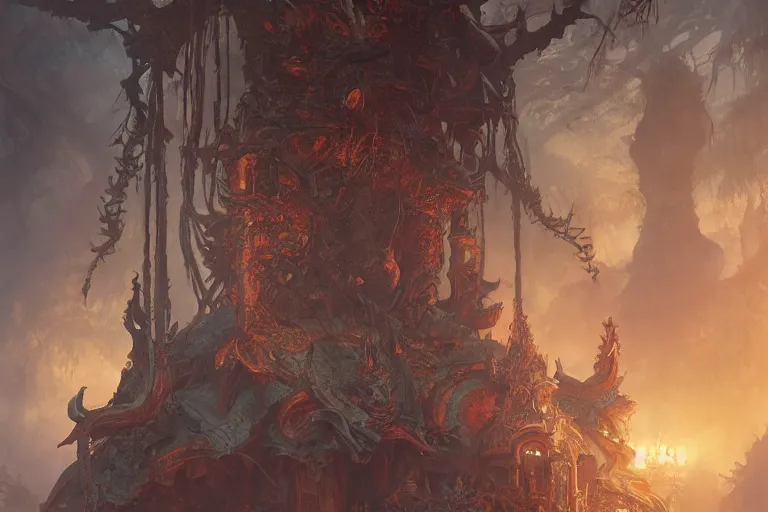 Image similar to painting of an demonic shrine in the grim, forest, concept art, intricate details, eerie, highly detailed, photorealistic, octane render, 8 k, unreal engine. art by artgerm and greg rutkowski and alphonse mucha