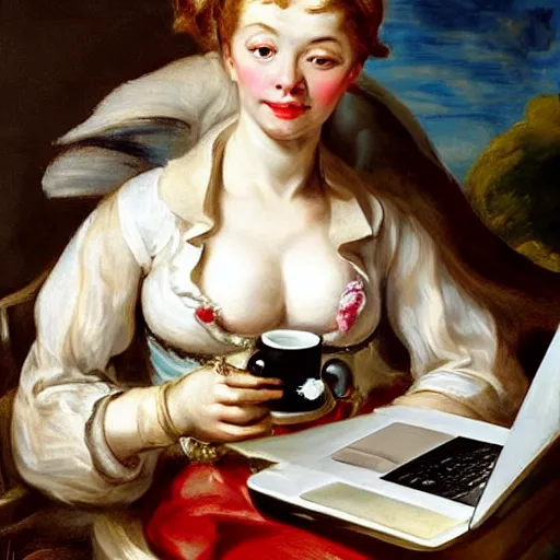 Prompt: heavenly summer sharp land sphere scallop well dressed lady working on her laptop drinking a starbucks coffee auslese, by peter paul rubens and eugene delacroix and karol bak, hyperrealism, digital illustration, fauvist