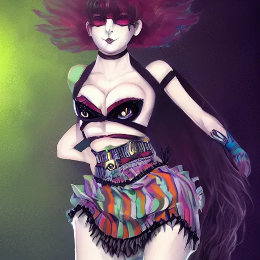 Image similar to goth anime clown in mini skirt and crop top intricate, extremely detailed, digital painting, artstation, concept art, smooth, sharp focus, illustration, intimidating lighting, incredible art, face and body