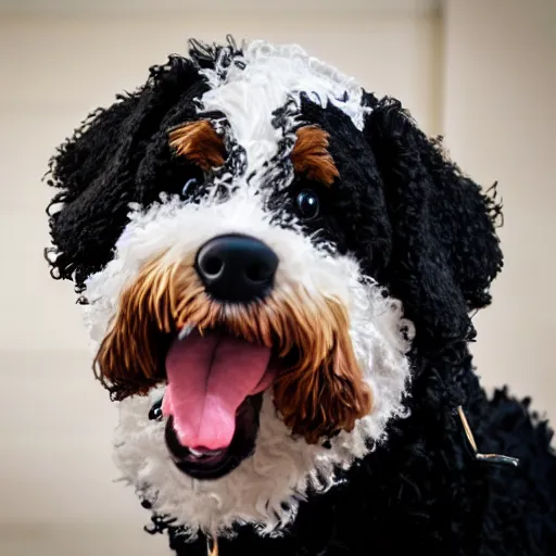 Image similar to a closeup photorealistic photograph of a cute smiling knitted bernedoodle judge dog dressed in a black gown, presiding over the courthouse. indoors, professional capture, well lit shot. this 4 k hd image is trending on artstation, featured on behance, well - rendered, extra crisp, features intricate detail, epic composition and the style of unreal engine.