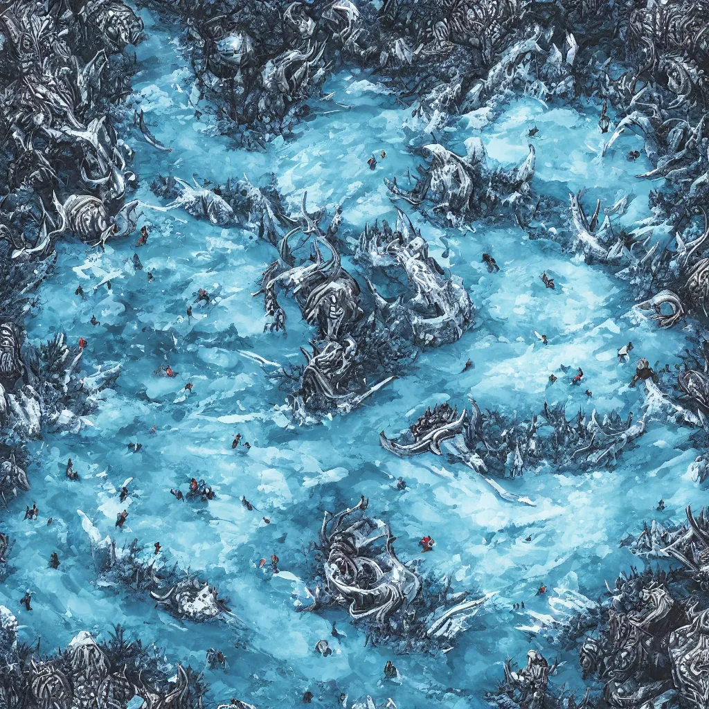 Image similar to a d & d background of a frozen lake with monsters beneath the ice, viewed from above, high quality digital art, illustration, gridless, vivid, blue tones, oil painting, trending on arstation, oil painting