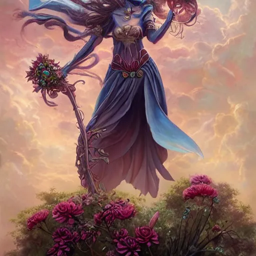 Image similar to fine art, long shot photo of the beauty goddess gal gadot, she has a crown of mesmerizing flowers, she is arriving heaven, background full of stormy clouds, by peter mohrbacher