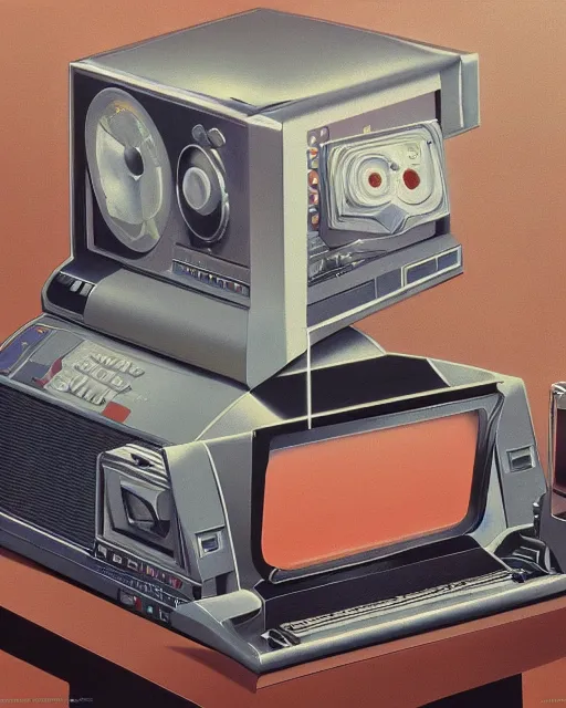 Prompt: a chrome face observing 8 0 s era technology, vintage shapes, retro technology, vintage color, wayne barlow, oil on canvas, deep depth of field, masterpiece, cinematic composition, hyperdetailed