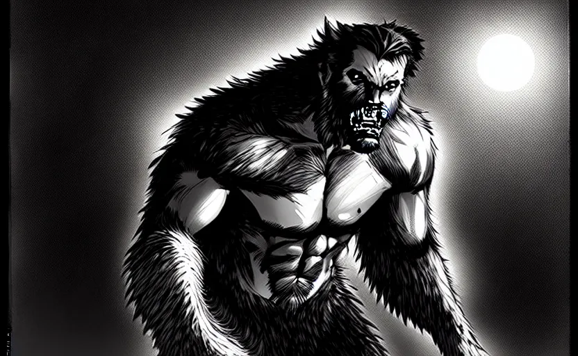 Image similar to in the style of artgerm, steve niles, rafael albuquerque, large hairy werewolf in a shopping mall at night, moody lighting, horror scary terror