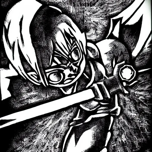 Image similar to fierce deity link fighting majora's mask in the style of kentaro miura, black and white