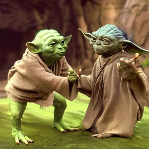 Image similar to a civilization of members of Yoda's species interacting with eachother on their home planet, award winning nature photo