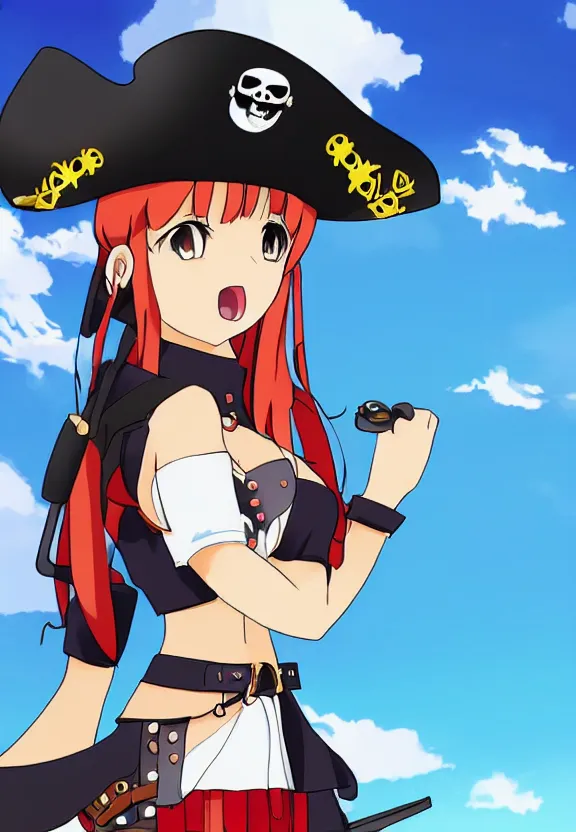 Image similar to wide angle portrait of a female pirate, a cute uniform, somewhat of an anime in pixar style, trending artwork, made with anime painter studio, by pixar and an anime artist, collaboration