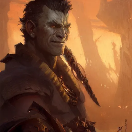 Image similar to a friendly half - orc tailor, fantasy character portrait by greg rutkowski, gaston bussiere, craig mullins