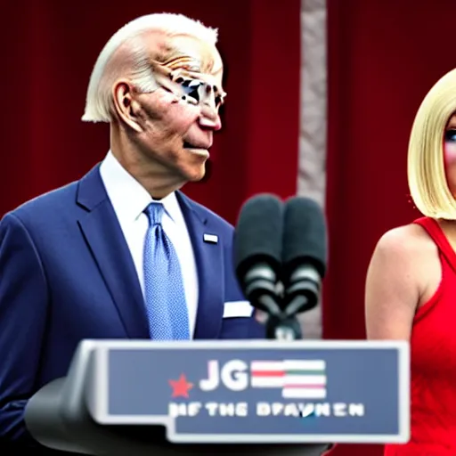 Image similar to photograph of a an alien wearing a blond wig and a red dress and ((Joe Biden)) at a press conference