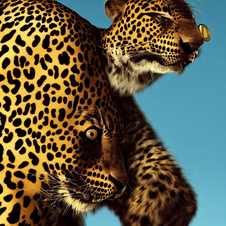 Prompt: octane render portrait by national geographic and wayne barlow and carlo crivelli and glenn fabry and pixar, a giant colorful furry realistic beautiful leopard wearing a hype beast bucket hat and a huge number of gold chains, cinema 4 d, ray traced lighting, very short depth of field, bokeh