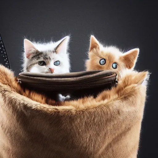 Image similar to lots of furry cats inside a big handbag, the handbag is over a wood table, gray background, studio lighting around the entire handbag, detailed photo, 4 k, 8 k