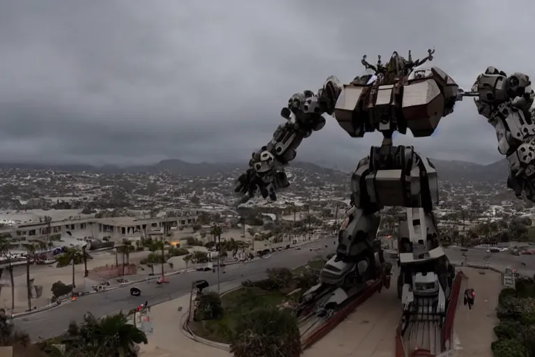 Image similar to cinematography of giant Mech on Santa Monica peer By Emmanuel Lubezki