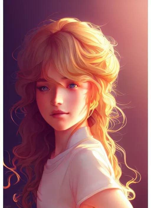 Prompt: young woman with medium - length, curly, golden hair, aquamarine eyes, natural lighting, path traced, highly detailed, high quality, cartoon, digital painting, by new haicheng and ross tran and studio ghibli and alphonse mucha