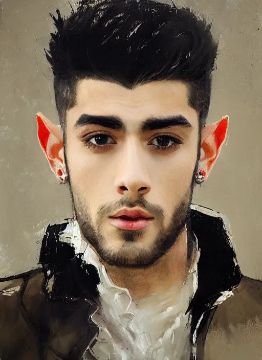 Image similar to portrait painting of zayn malik as an elf by jeremy mann, wearing leather napoleonic military style jacket, only one head single portrait, pointy ears
