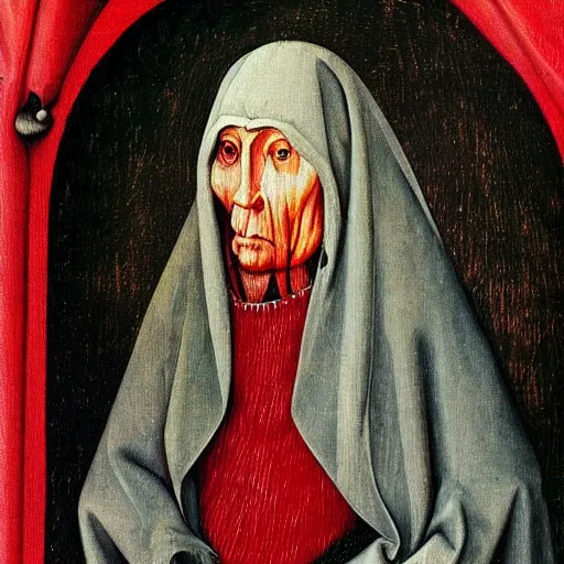 Image similar to Stunning and highly detailed portrait of the devil in human disguise wearing a red doublet Hieronymus Bosch