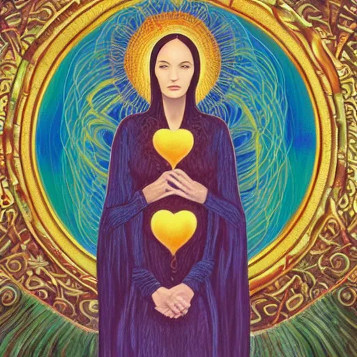 Image similar to a painting of a woman holding a glowing golden heart in the water, an acrylic on canvas painting by amanda sage and magali villenueve, louvre contest winner, gold foil, metaphysical painting, wiccan, mystical, tarot card art