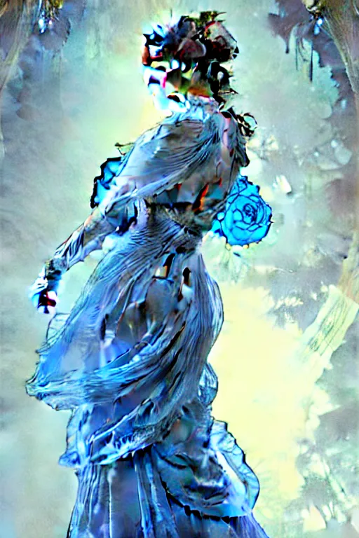 Image similar to woman dressed in a vaporous wrapped large victorian blue roses silk semi-transparent dress fashion is running D&D, fantasy, intricate, elegant, highly detailed, digital painting, artstation, concept art, matte, sharp focus, illustration, art by Artgerm and Greg Rutkowski and Alphonse Mucha