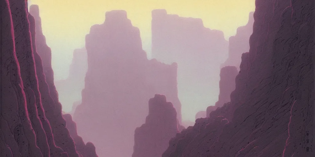 Image similar to grainy risograph matte painting of gigantic huge mech with huge swords, pastel matte colors, staying in the foggy huge canyon, by moebius, hyperrealism, intricate detailed