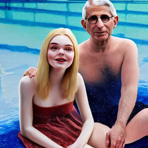 Image similar to Elle Fanning and Dr. Anthony Fauci at the pool at night, head and shoulders portrait, stormy weather, extremely detailed masterpiece, Roger Deakin’s cinematography, oil on canvas, Edward Hopper,