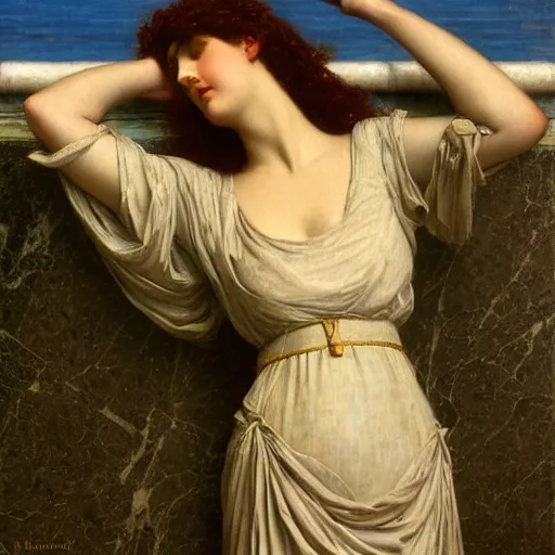 Prompt: radiating lines harmony by herbert james draper, sir lawrence alma - tadema, john william godward. oil painting on wood. 1 9 0 0.