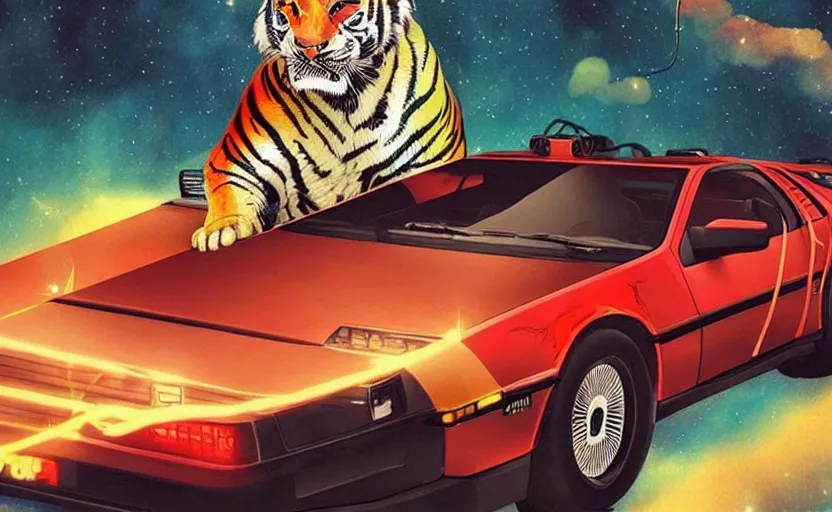 Image similar to a red delorean with a yellow tiger, art by hsiao - ron cheng & shinya edaki in a magazine collage style, # de 9 5 f 0